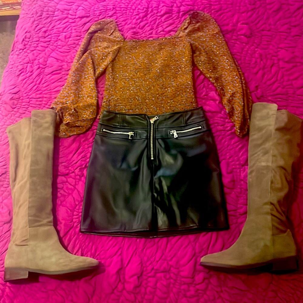 Faux Leather Skirt, blouse, Boots